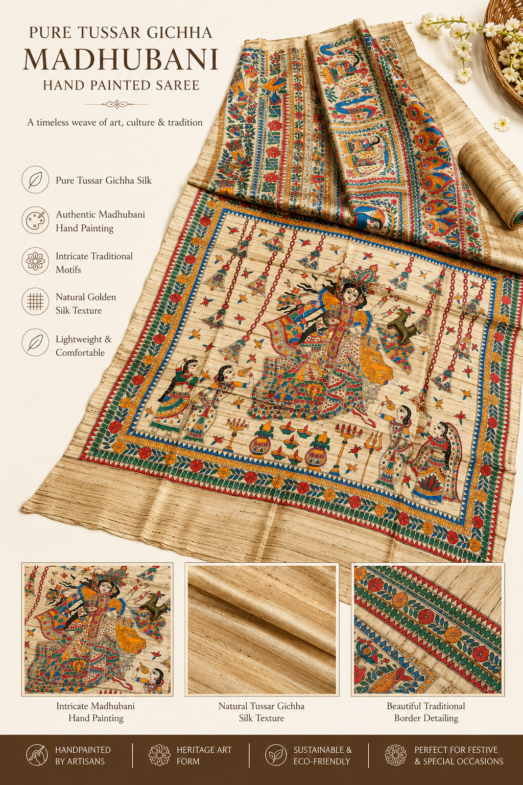 Pure Tussar Giccha Madhubani Hand Paint